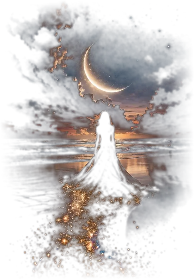 Astraea at the shore beneath the crescent, starlight gathering at her feet